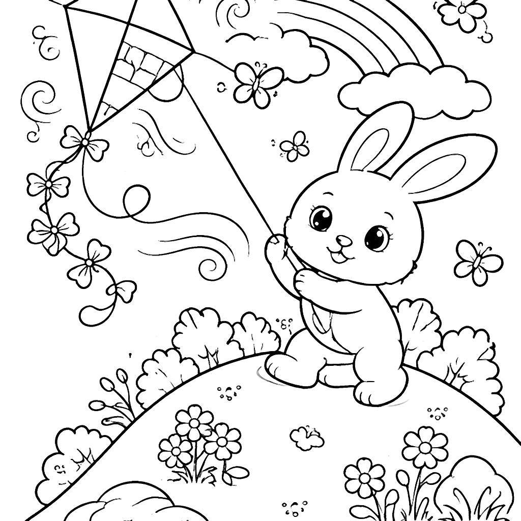 Conejito alegre volando una cometa para colorear – dibujo para colorear e imprimir