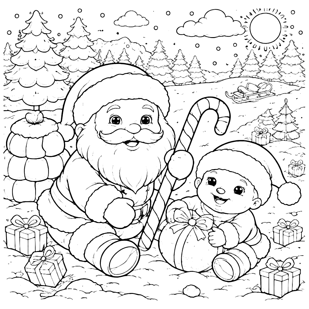 Dibujo para colorear de Papá Noel y un bebé – dibujo para colorear e imprimir