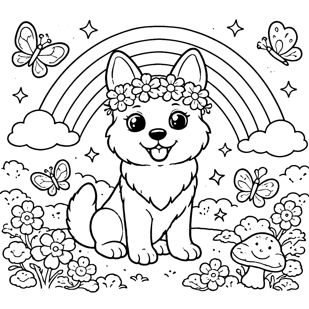 Dibujo para colorear de Pastor Alemán con corona de flores