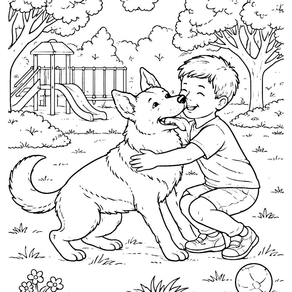 Dibujo para colorear de Pastor Alemán en el parque – dibujo para colorear e imprimir