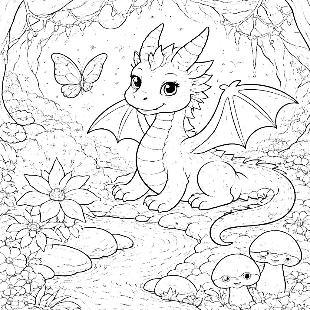 Dibujo para colorear de un dragón en un bosque encantado – dibujo para colorear e imprimir