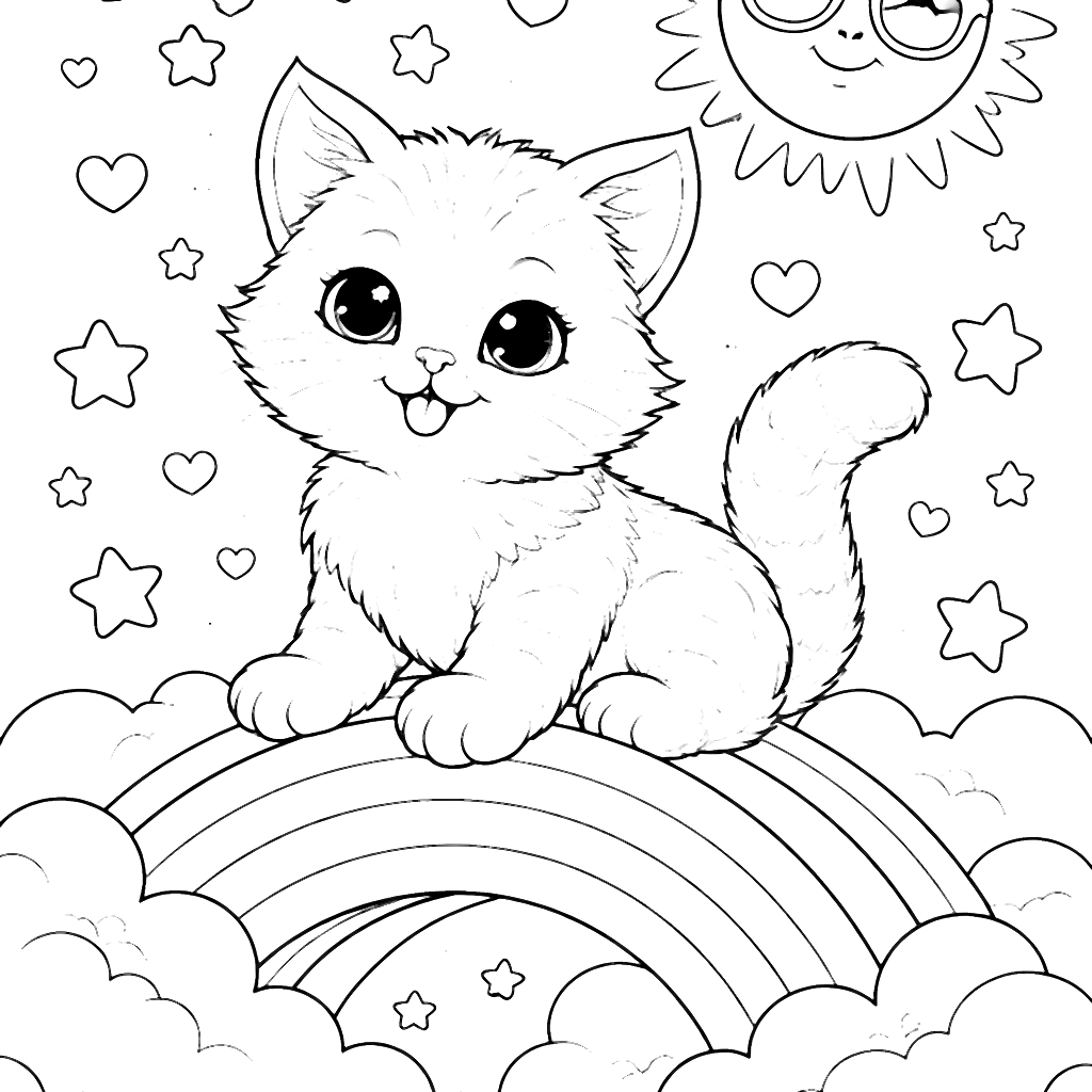 Dibujo para colorear de un gato juguetón en el arcoíris – dibujo para colorear e imprimir