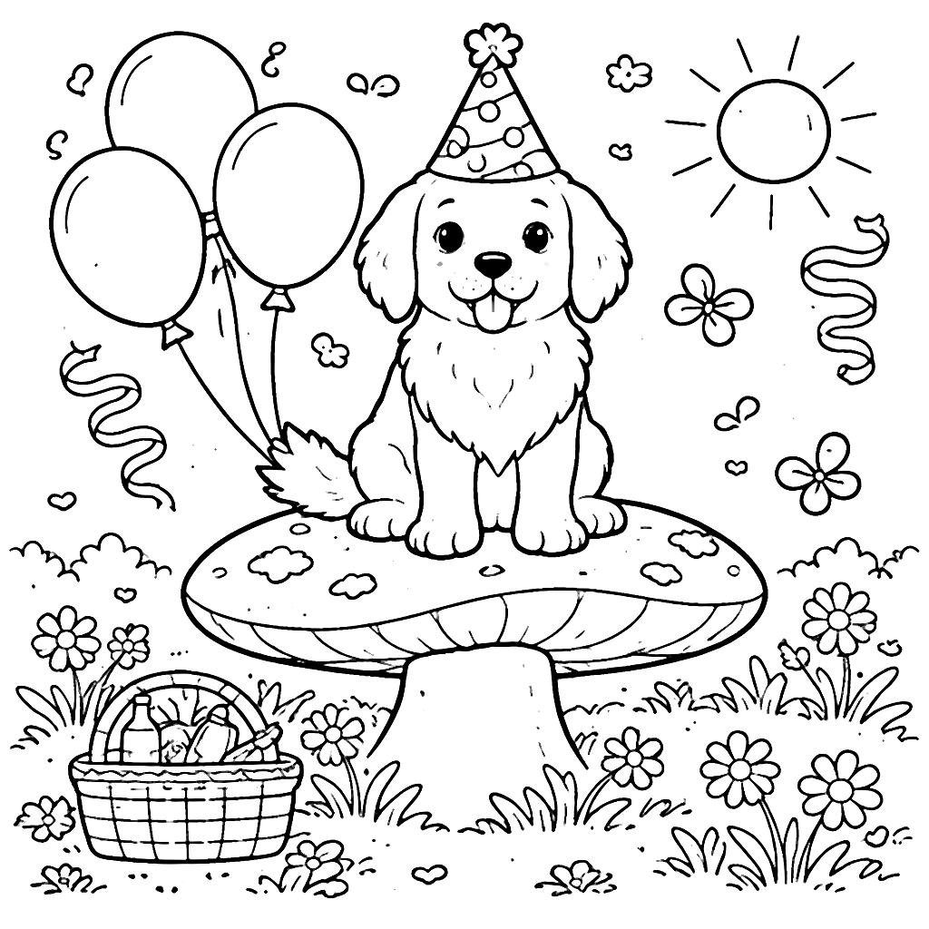 Dibujo para colorear de un Golden Retriever en fiesta