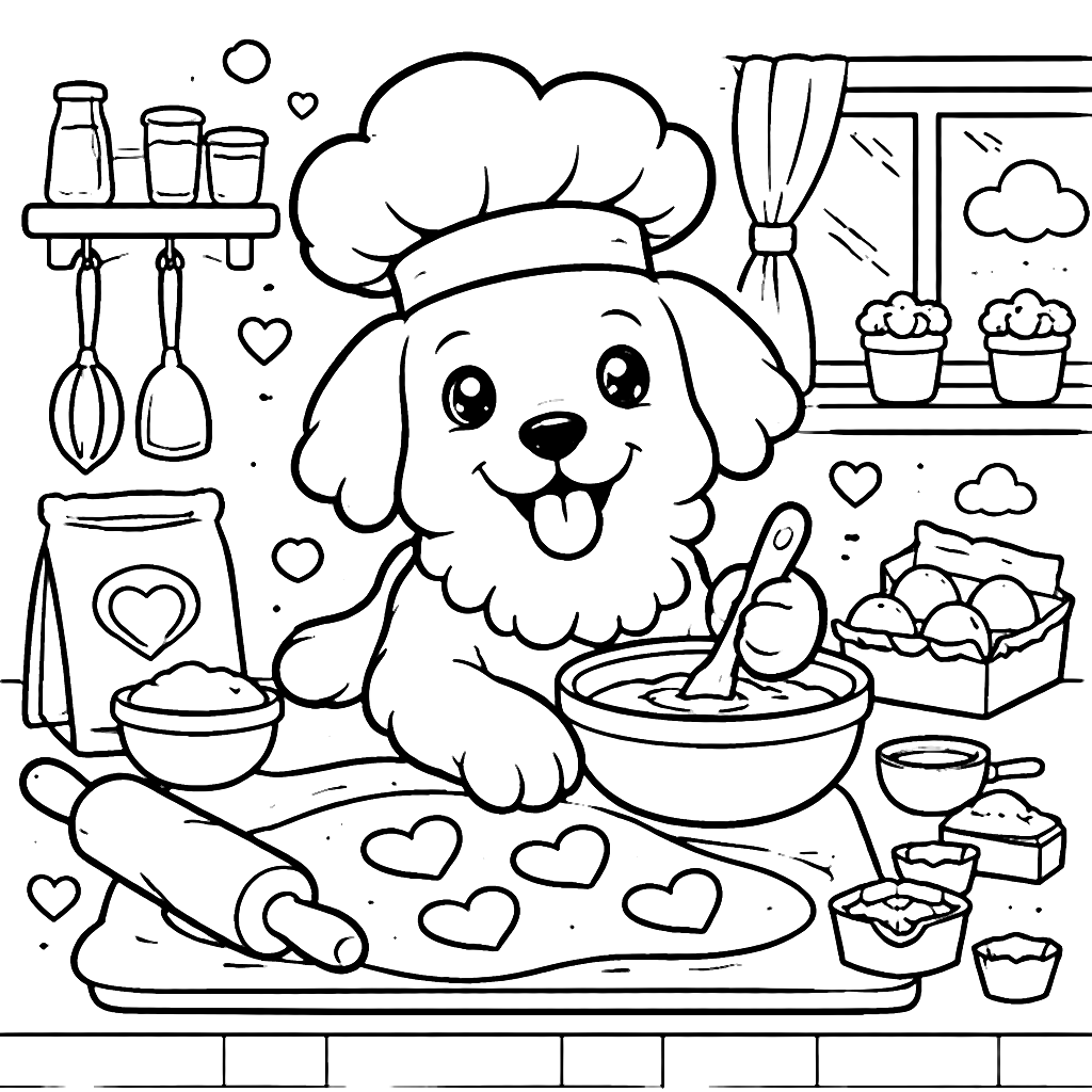 Dibujo para colorear de un Golden Retriever en la cocina