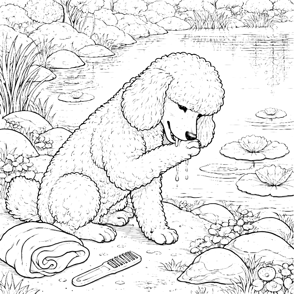 Dibujo para colorear de un Poodle junto al estanque – dibujo para colorear e imprimir