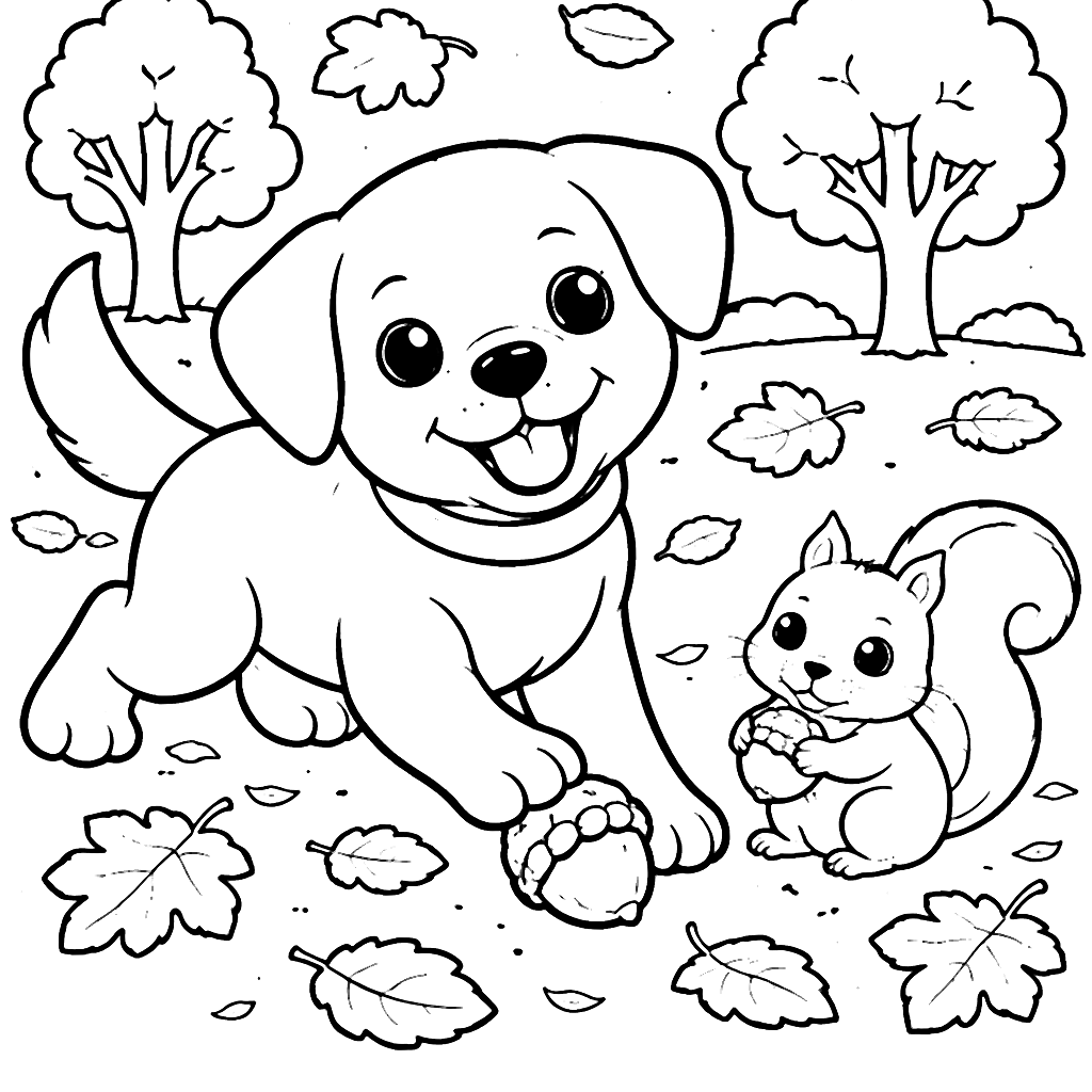 Dibujo para Colorear: Labrador Retriever y Ardilla – dibujo para colorear e imprimir