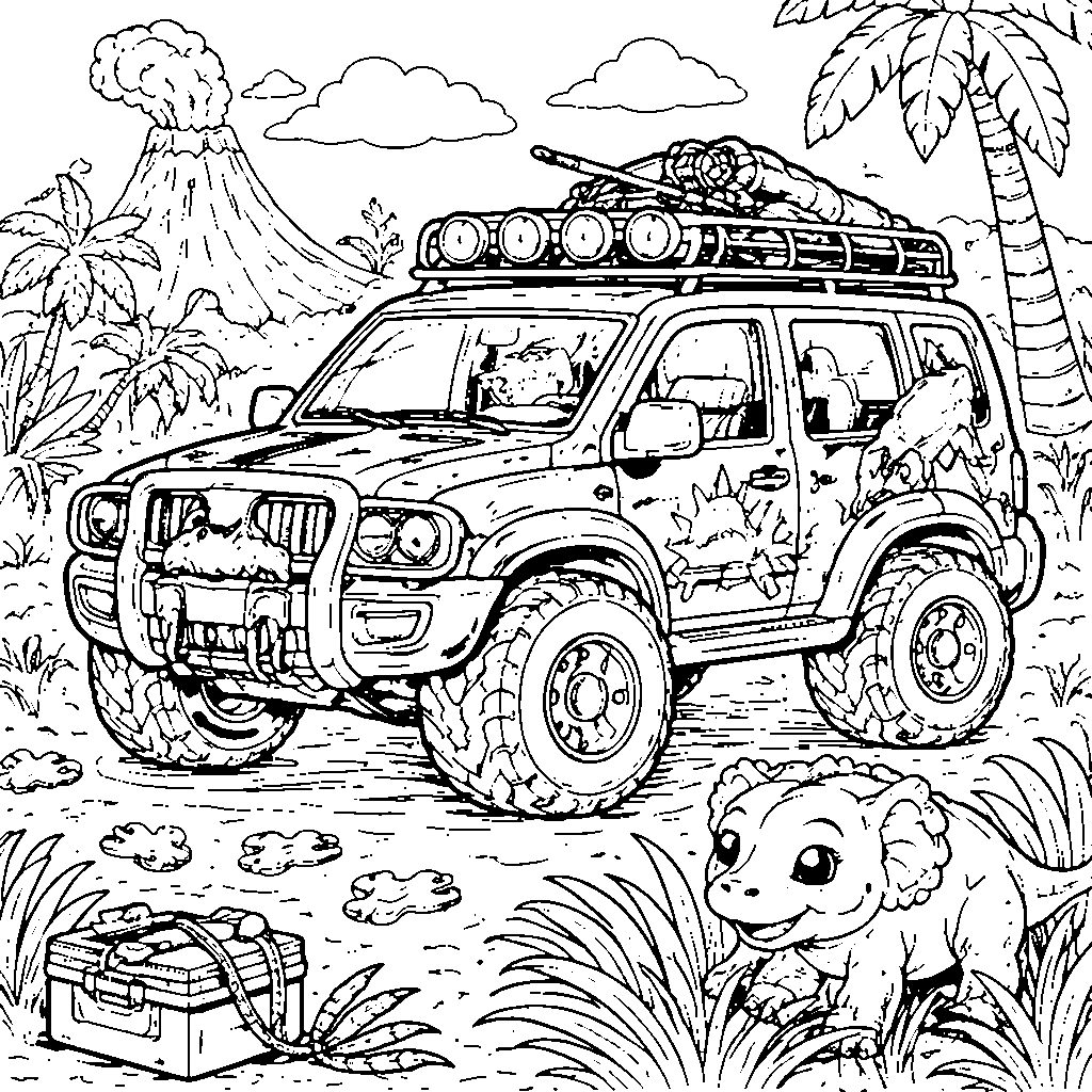 Página para colorear: Coche de rescate dinosaurio
