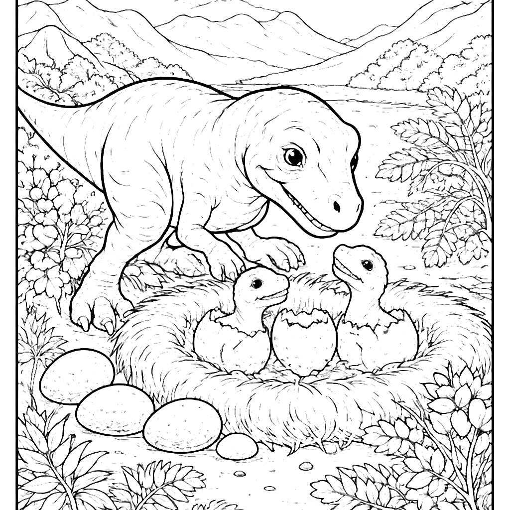 Dinosaurio cuidando a sus crías en un valle verde – dibujo para colorear e imprimir