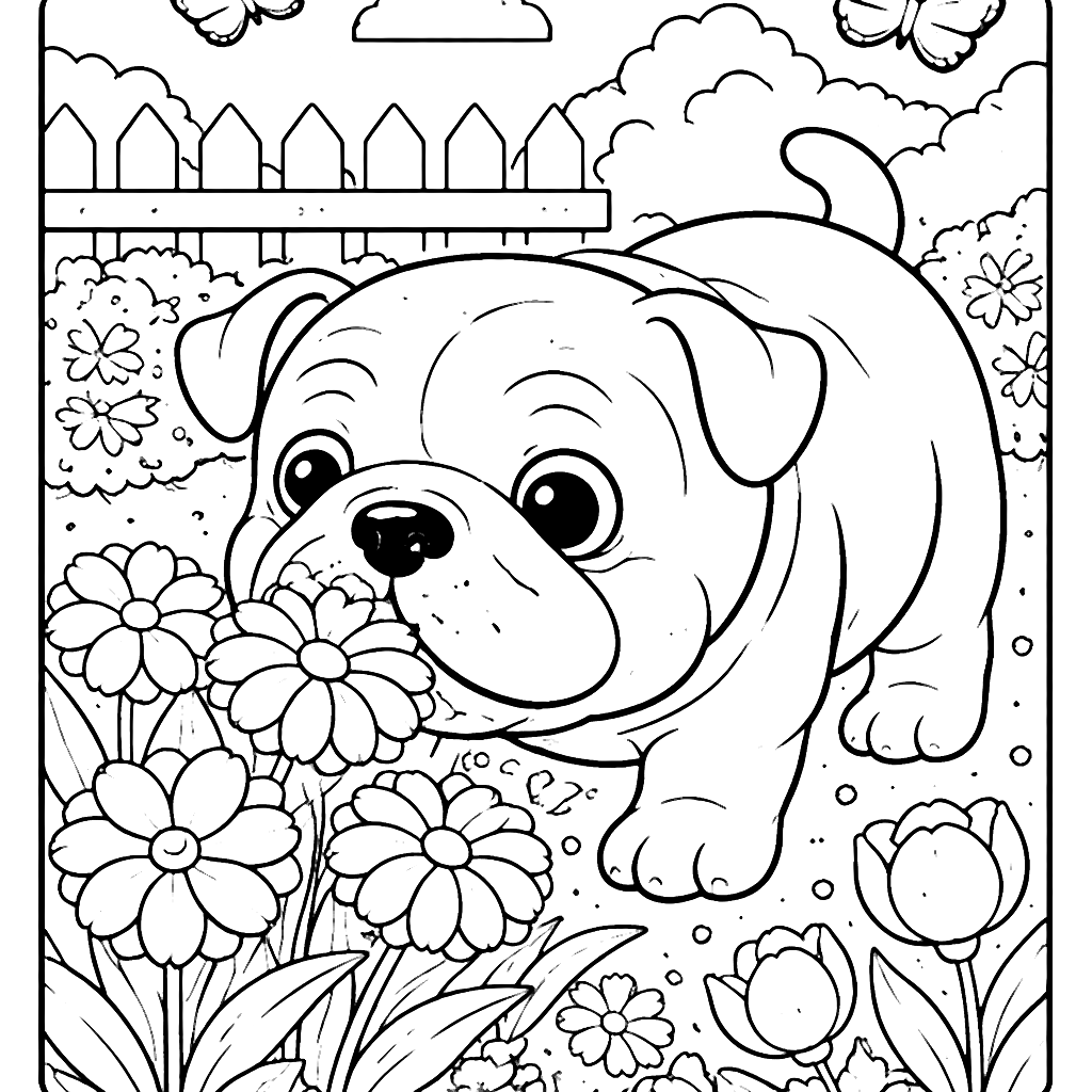 Divertido Bulldog Inglés Olfateando Flores para Colorear – dibujo para colorear e imprimir