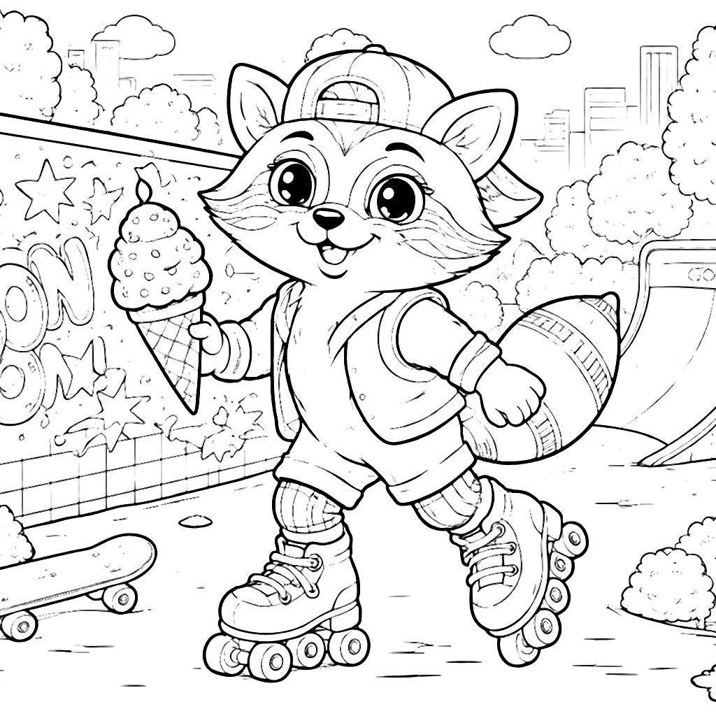 Divertido mapache en patines para colorear – dibujo para colorear e imprimir