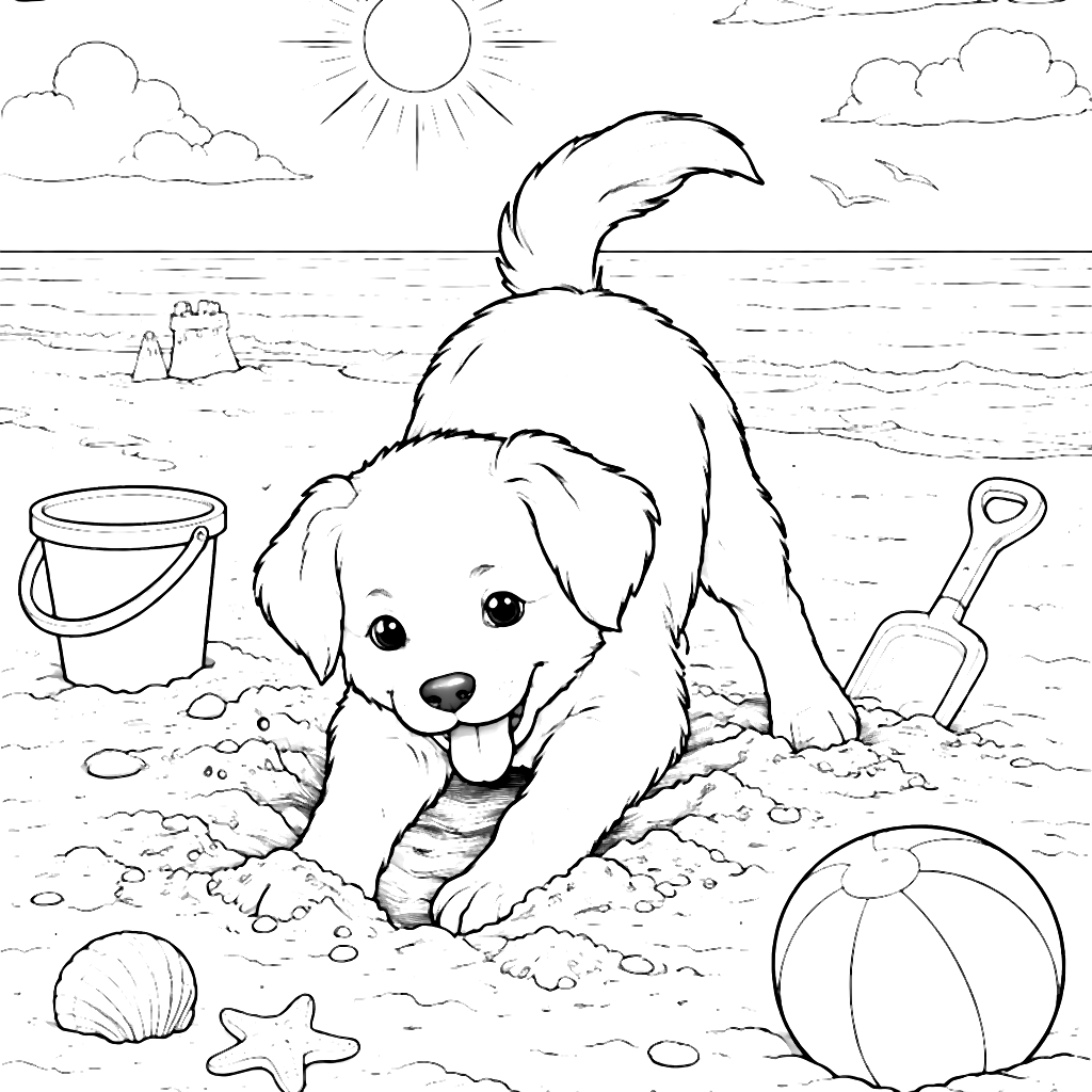Divertido perrito jugando en la playa – dibujo para colorear e imprimir