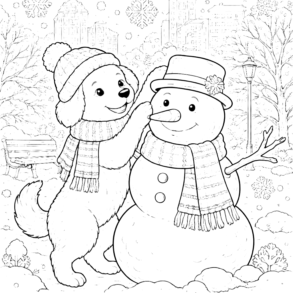 Divertido perro construyendo un muñeco de nieve – dibujo para colorear e imprimir