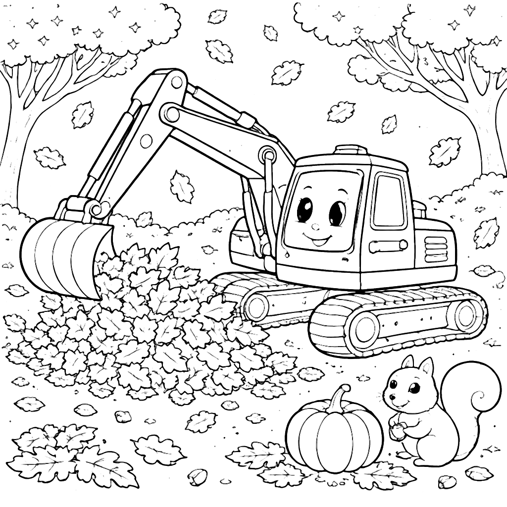 Excavadora Juega en un Parque de Otoño - Página para Colorear – dibujo para colorear e imprimir