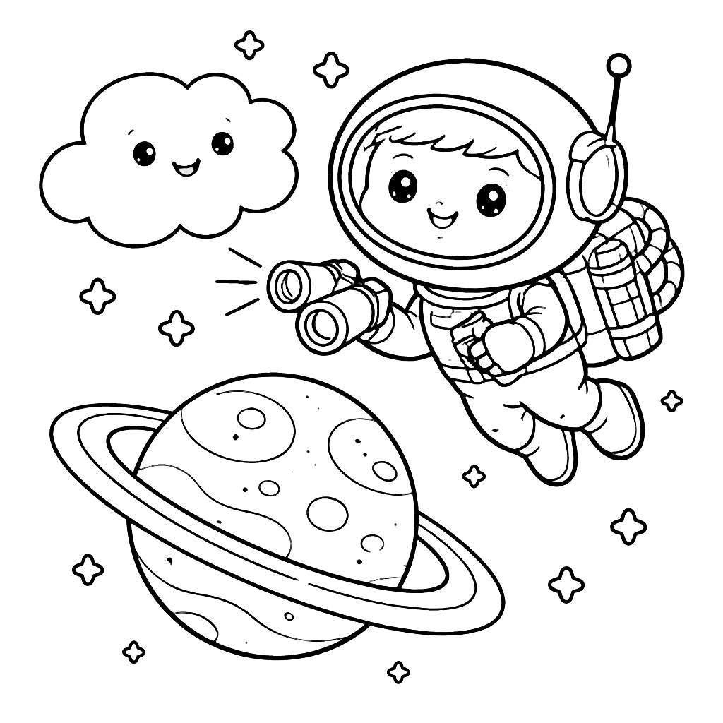 Explorador espacial valiente con amigo nube – dibujo para colorear e imprimir