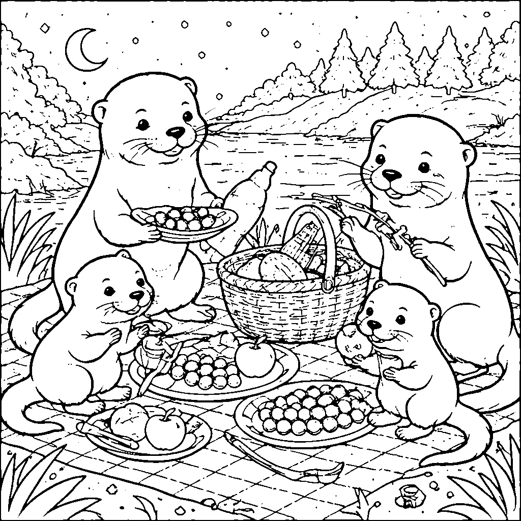 Familia de nutrias disfrutando de un picnic