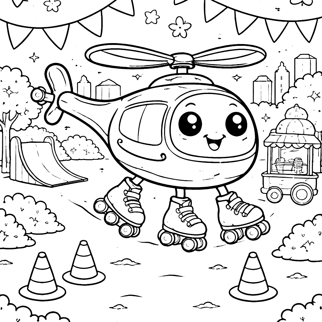Helicóptero sobre patines en un parque vibrante – dibujo para colorear e imprimir