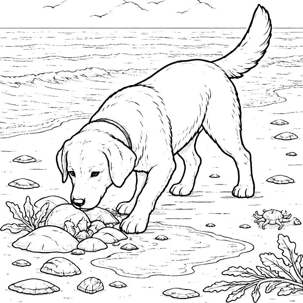 Labrador Retriever explorando la playa - Página para colorear – dibujo para colorear e imprimir