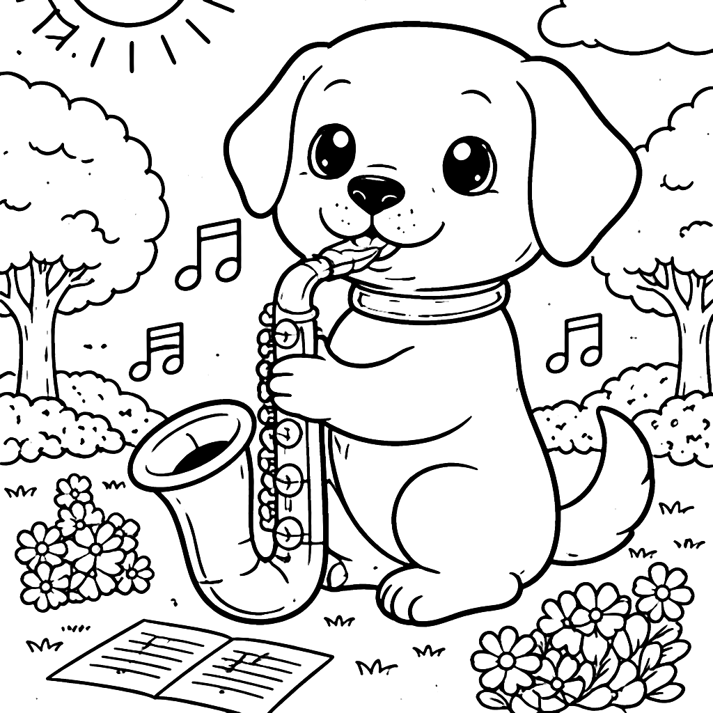 Labrador Retriever tocando saxofón en el parque – dibujo para colorear e imprimir
