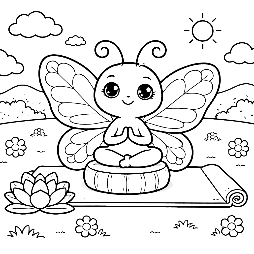 Mariposa practicando yoga en un prado sereno – dibujo para colorear e imprimir