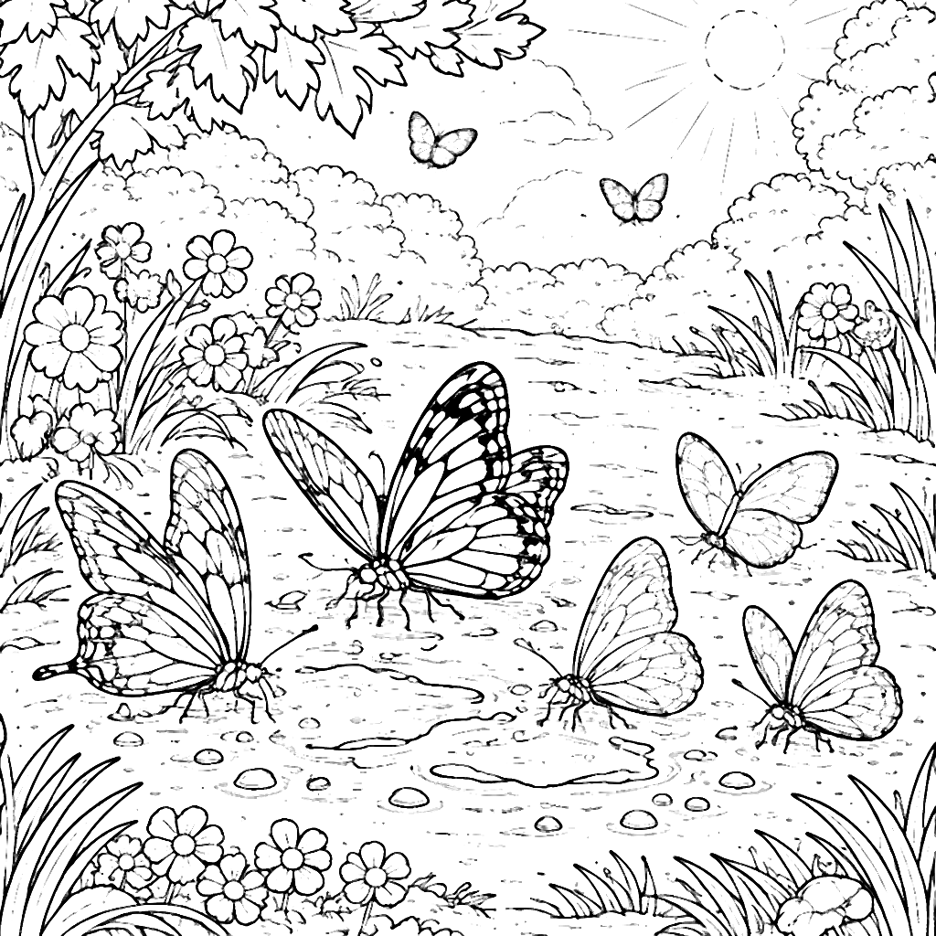 Mariposas alimentándose en un prado soleado – dibujo para colorear e imprimir