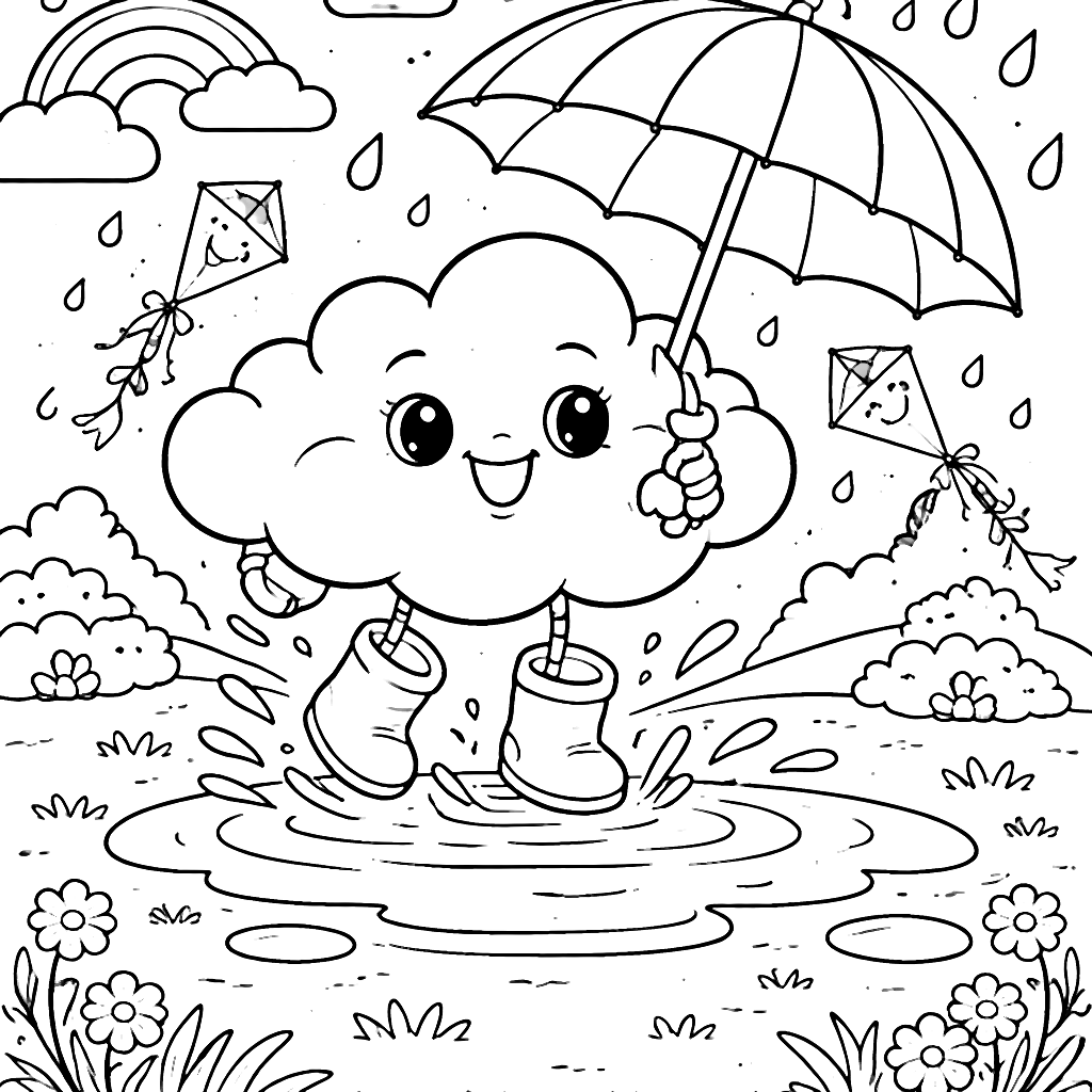 Nube aventurera saltando en charcos para colorear – dibujo para colorear e imprimir