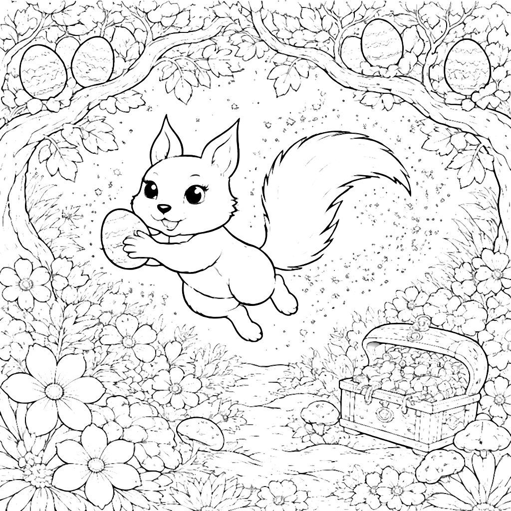 Página para colorear: ardilla traviesa en un bosque encantado – dibujo para colorear e imprimir