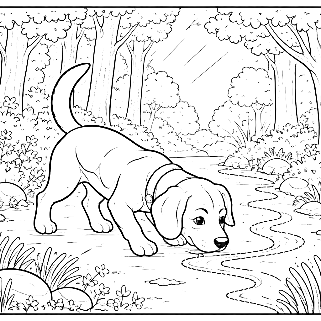 Página para colorear de Beagle en el bosque – dibujo para colorear e imprimir
