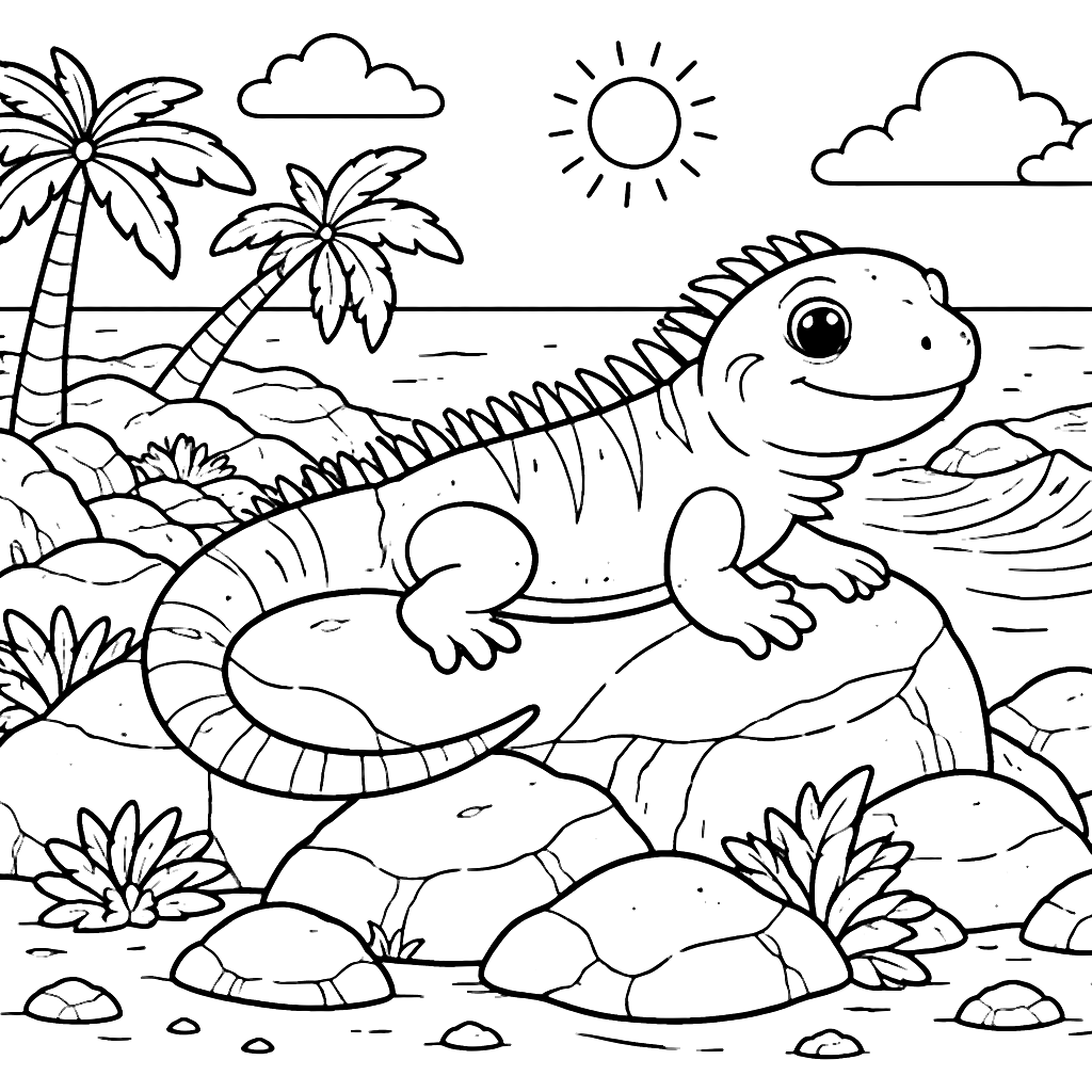 Página para colorear de iguana en un paisaje costero – dibujo para colorear e imprimir