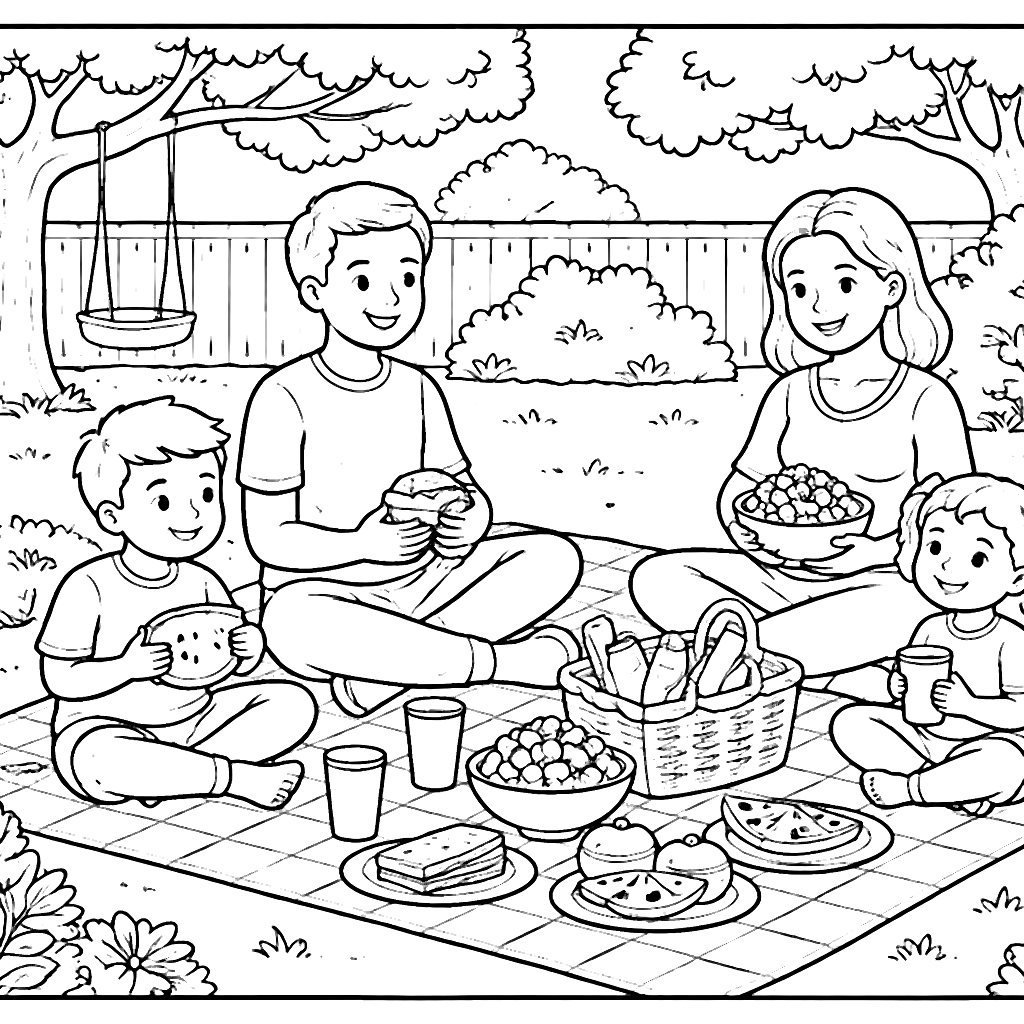 Página para colorear: Picnic familiar en casa – dibujo para colorear e imprimir