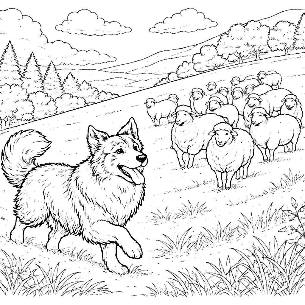 Páginas para colorear: Border Collie pastoreando ovejas – dibujo para colorear e imprimir