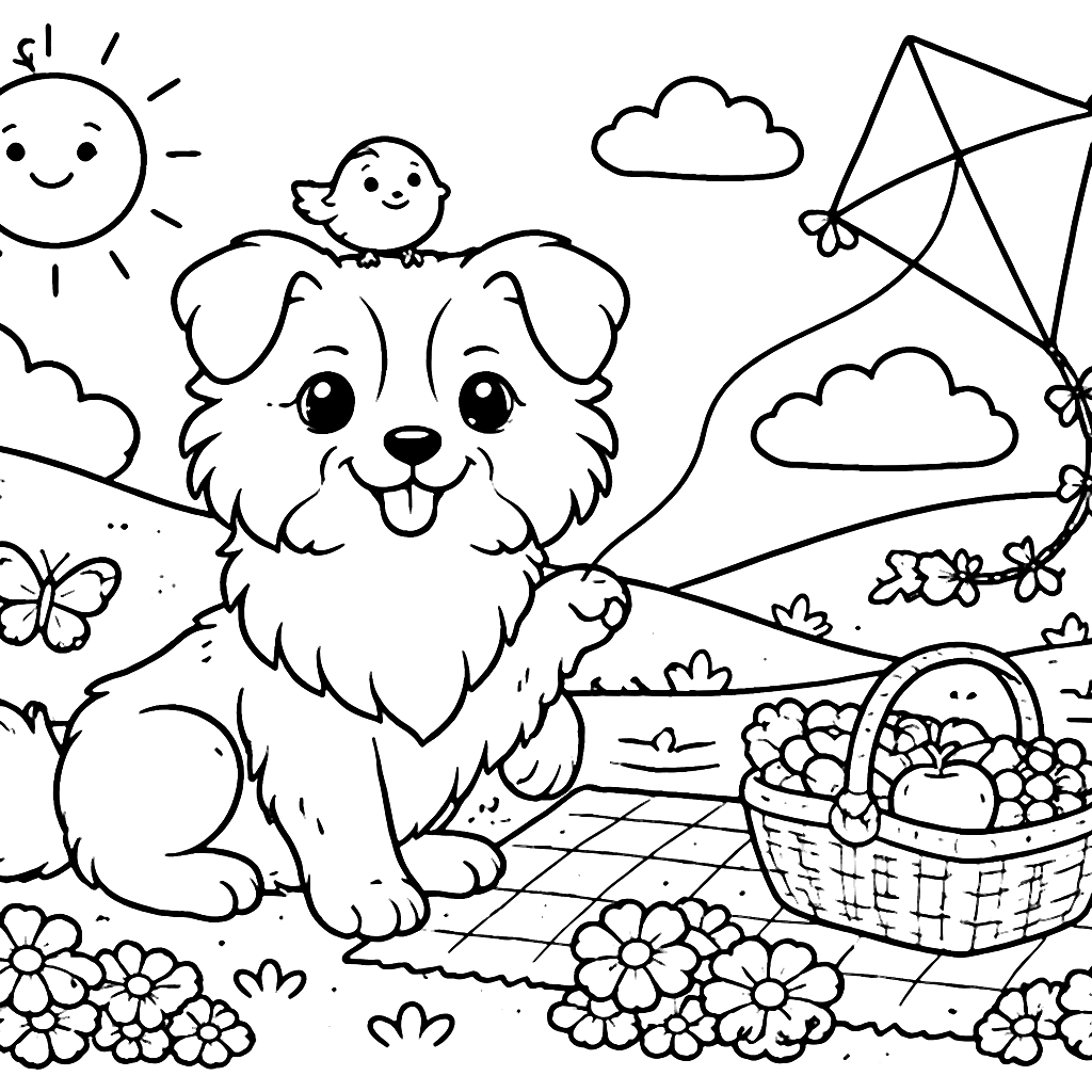 Páginas para colorear: Border Collie y su amigo pájaro