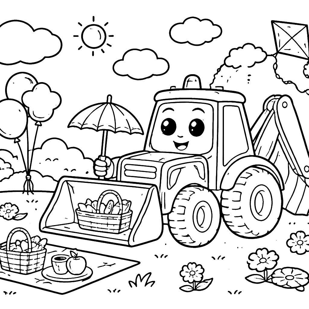 Páginas para colorear: Excavadora con paraguas en un parque – dibujo para colorear e imprimir