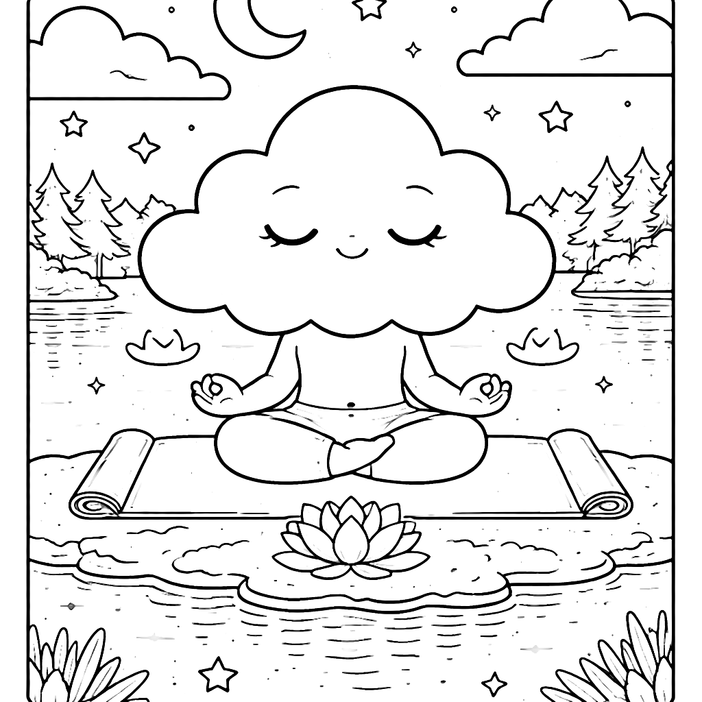 Páginas para colorear: Nube de lluvia meditando – dibujo para colorear e imprimir