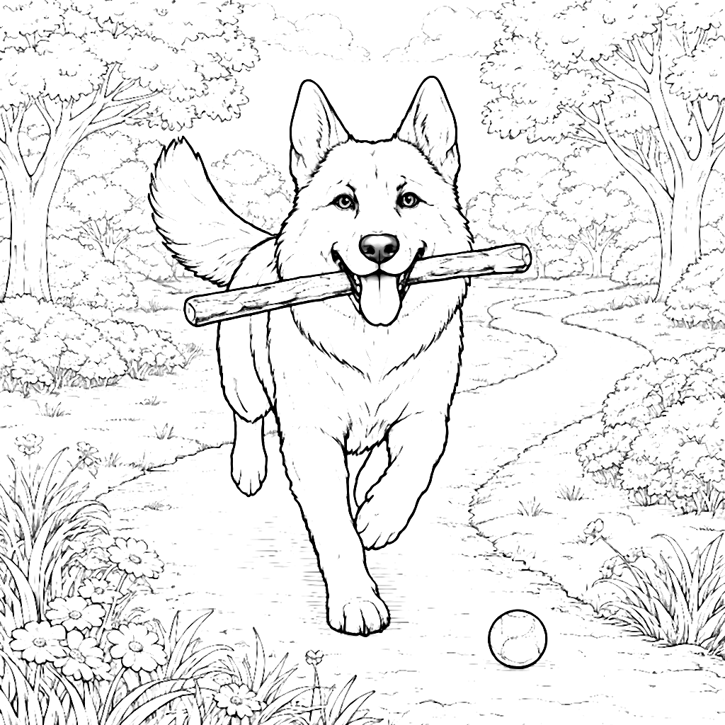 Páginas para colorear: Pastor Alemán jugando en el parque – dibujo para colorear e imprimir