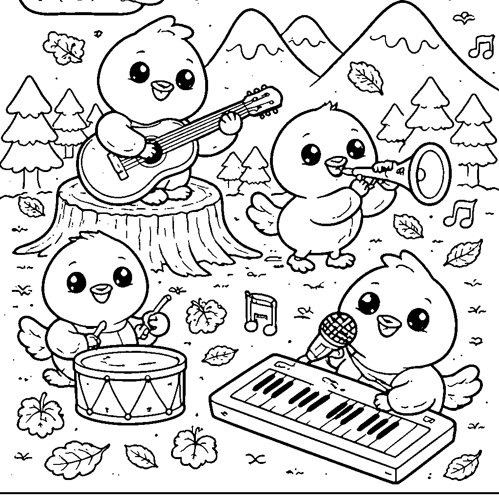 Pájaros en una Aventura Musical – dibujo para colorear e imprimir