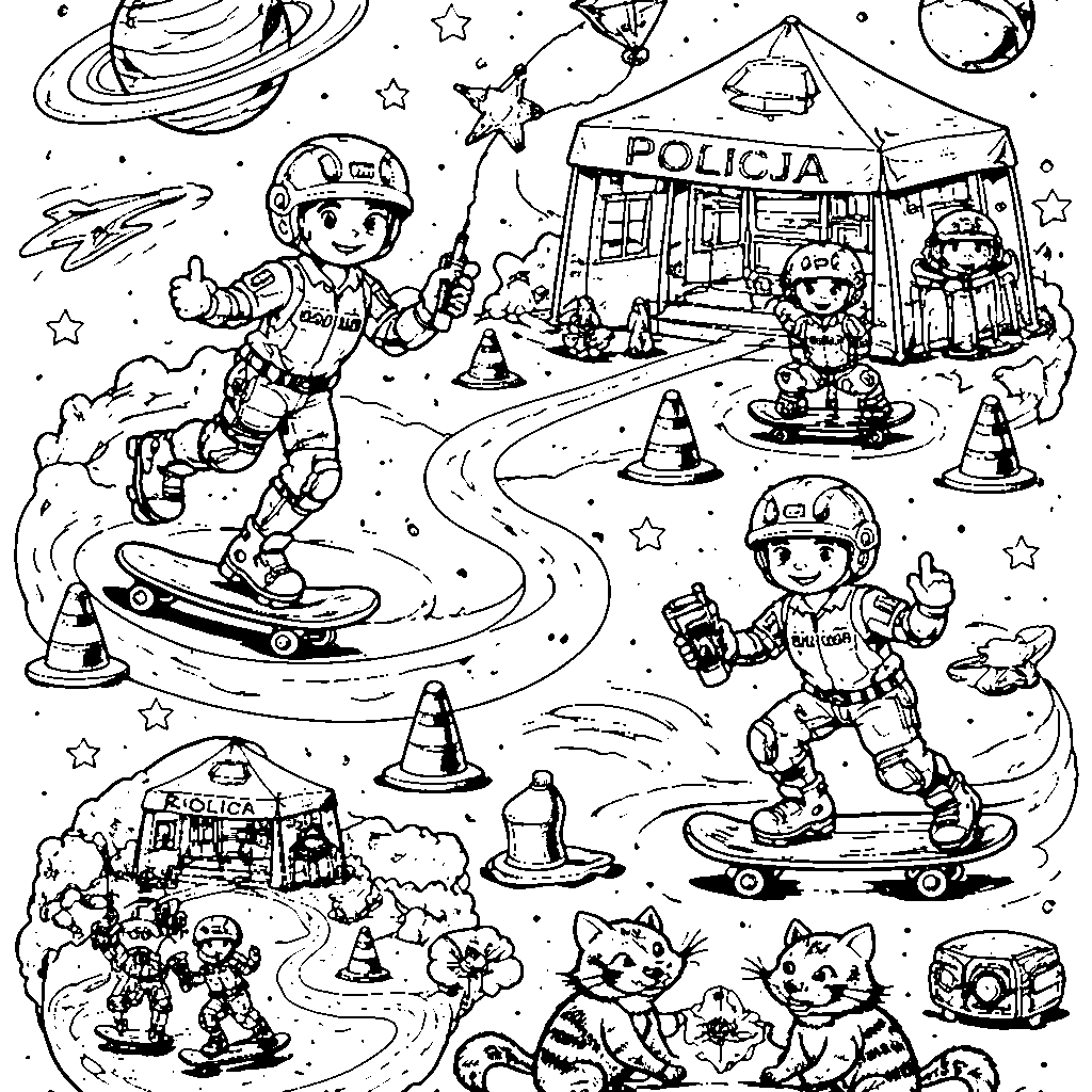Patrulla Policial sobre Patineta: Colorea la Aventura – dibujo para colorear e imprimir