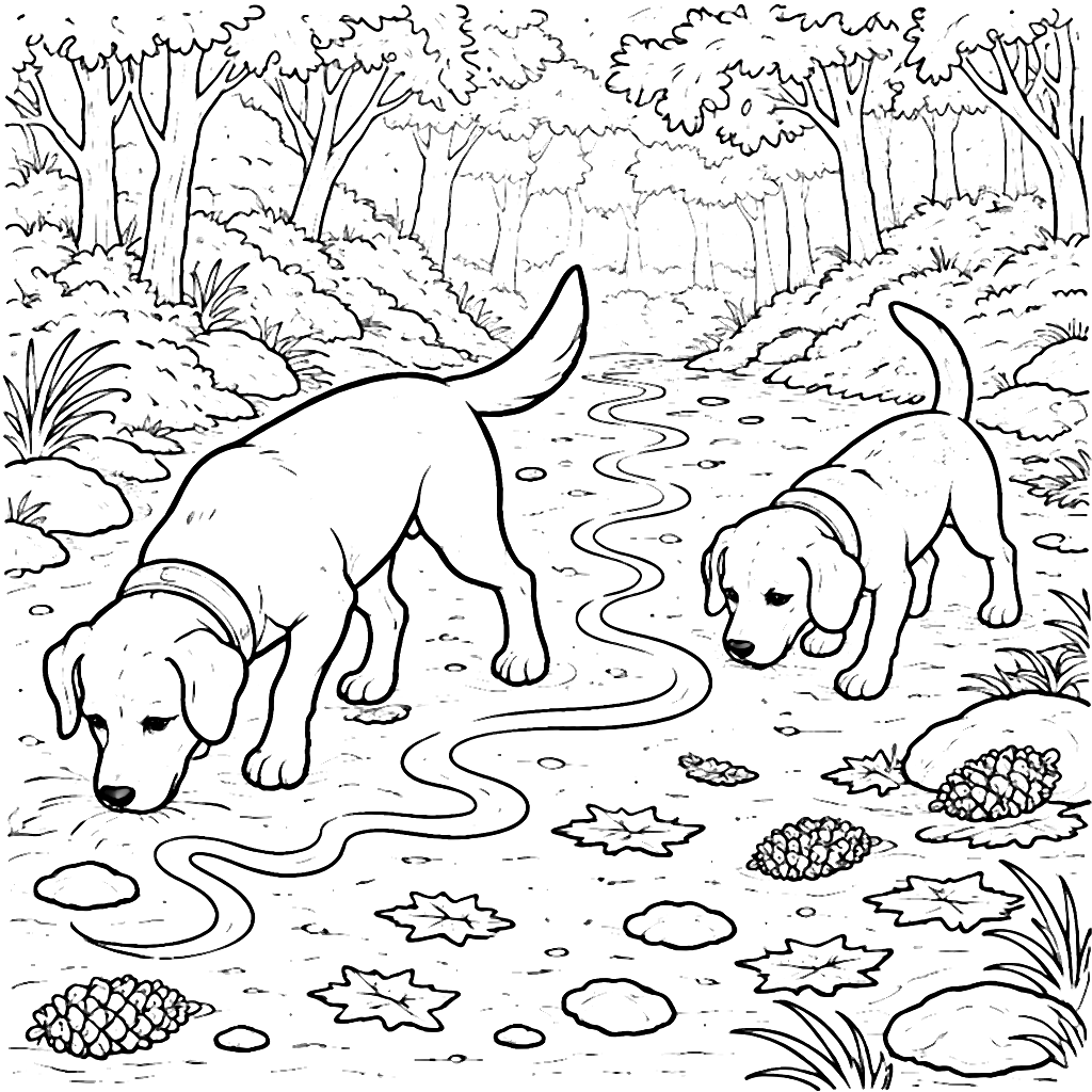 Perros rastreando olores en un bosque encantador – dibujo para colorear e imprimir