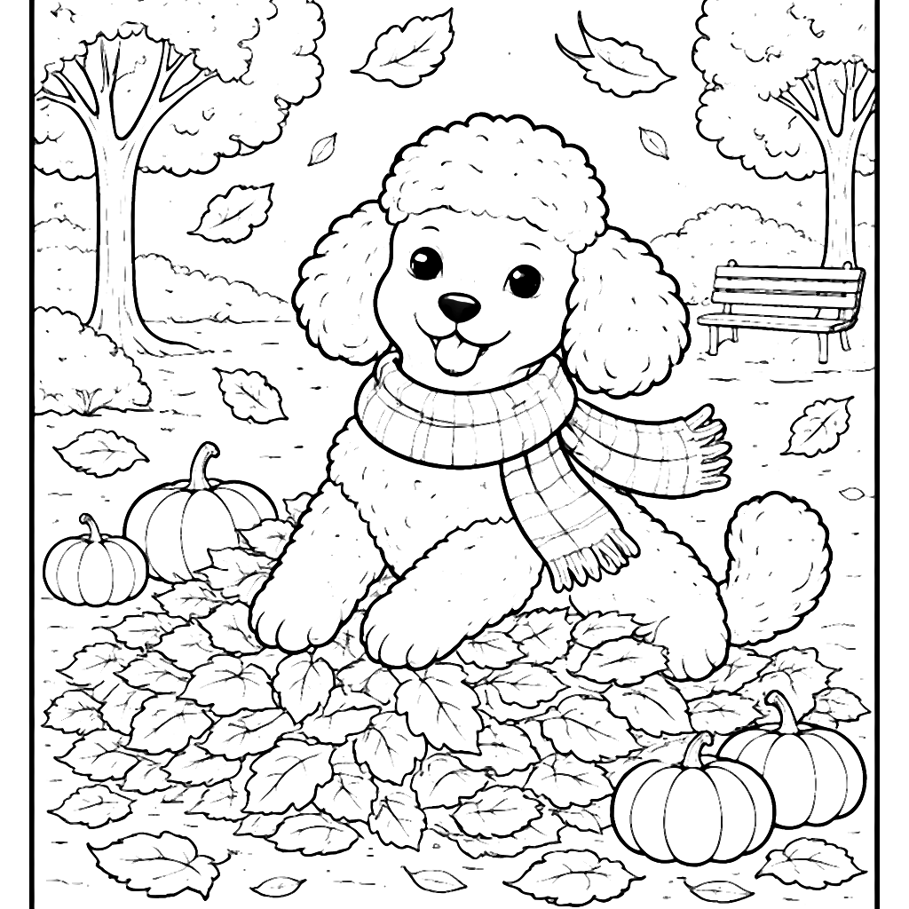 Poodle jugando entre hojas de otoño - Página para colorear – dibujo para colorear e imprimir