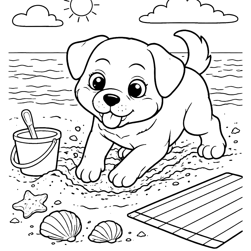 Rottweiler jugando en la playa - Página para colorear – dibujo para colorear e imprimir