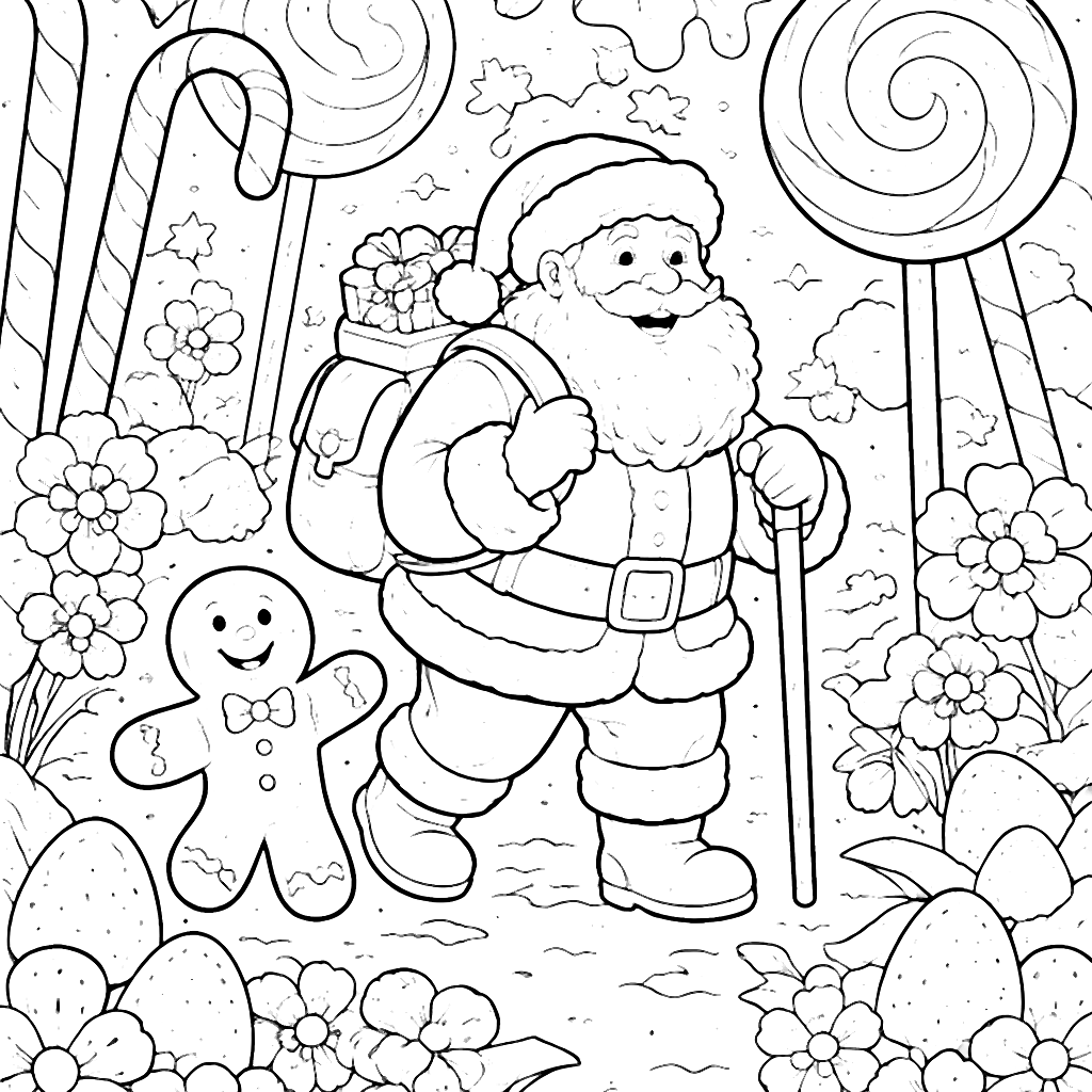 Santa con mochila en un bosque de caramelos – dibujo para colorear e imprimir