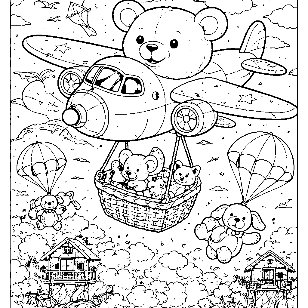 Un avión valiente rescatando peluches – dibujo para colorear e imprimir