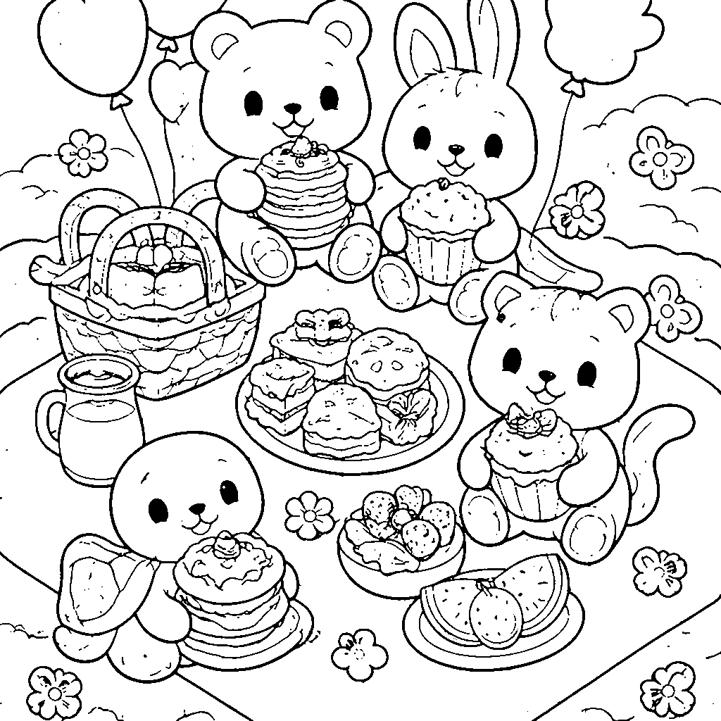 Un picnic de animales amigables – dibujo para colorear e imprimir