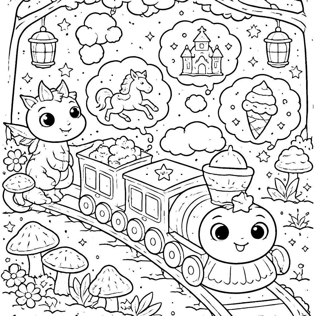 Un tren mágico en un bosque de ensueño para colorear – dibujo para colorear e imprimir