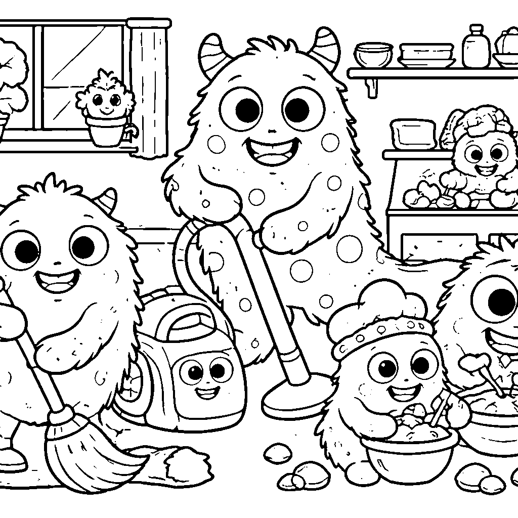 Una familia de monstruos amigables haciendo tareas