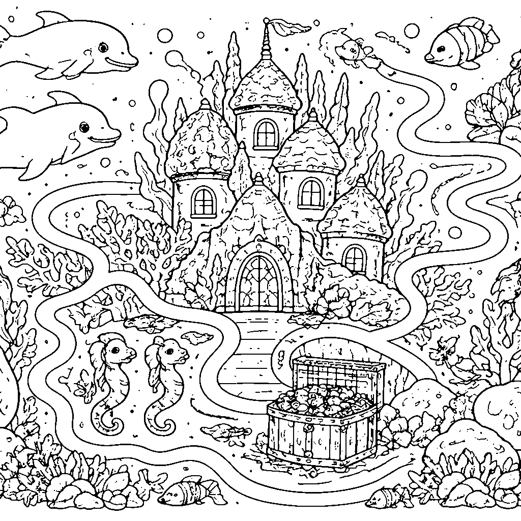 Castillo Submarino con Criaturas Amigables para Colorear