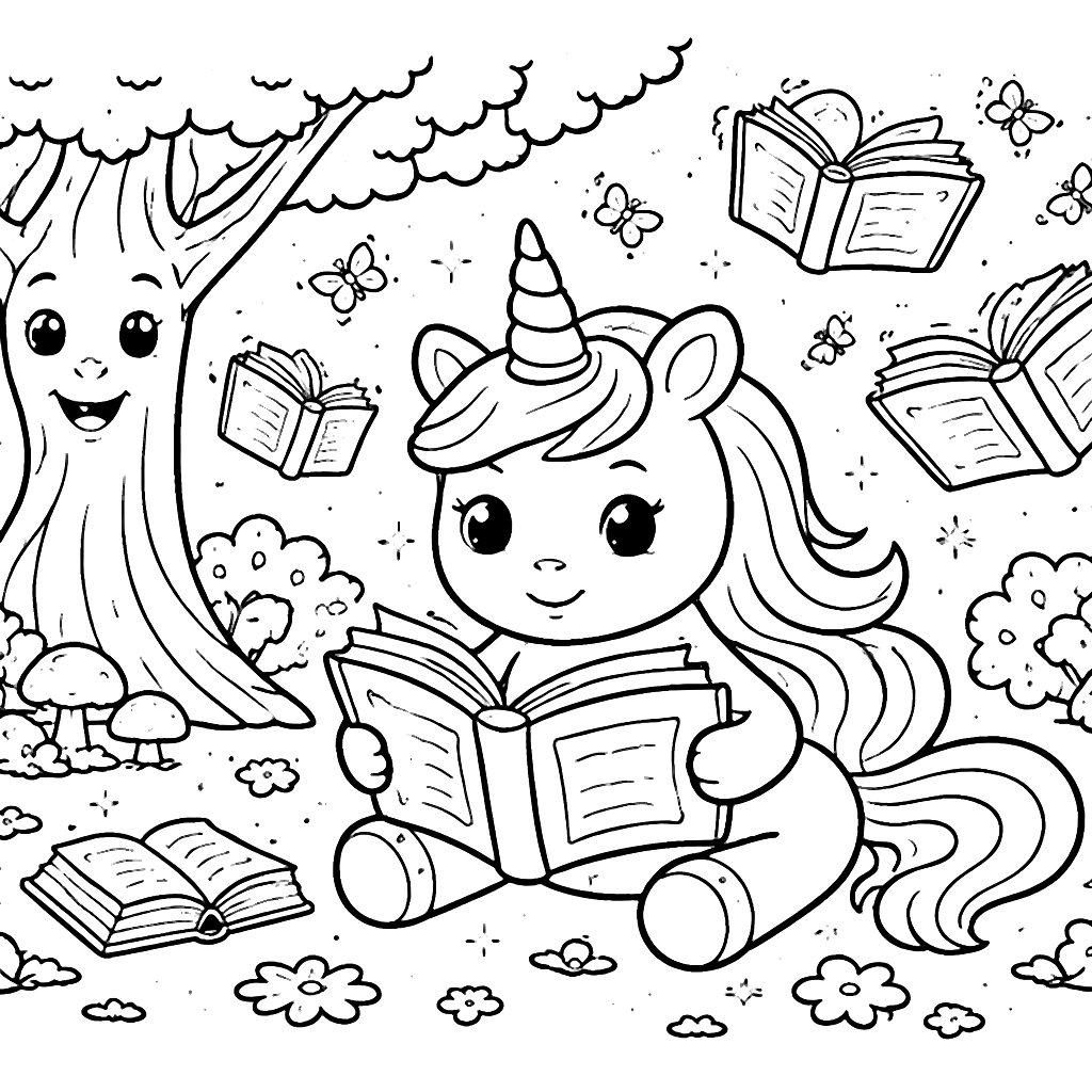 Unicornio leyendo en el bosque mágico – dibujo para colorear e imprimir