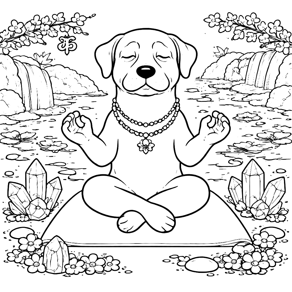 Rottweiler meditoimassa rauhallisessa puutarhassa