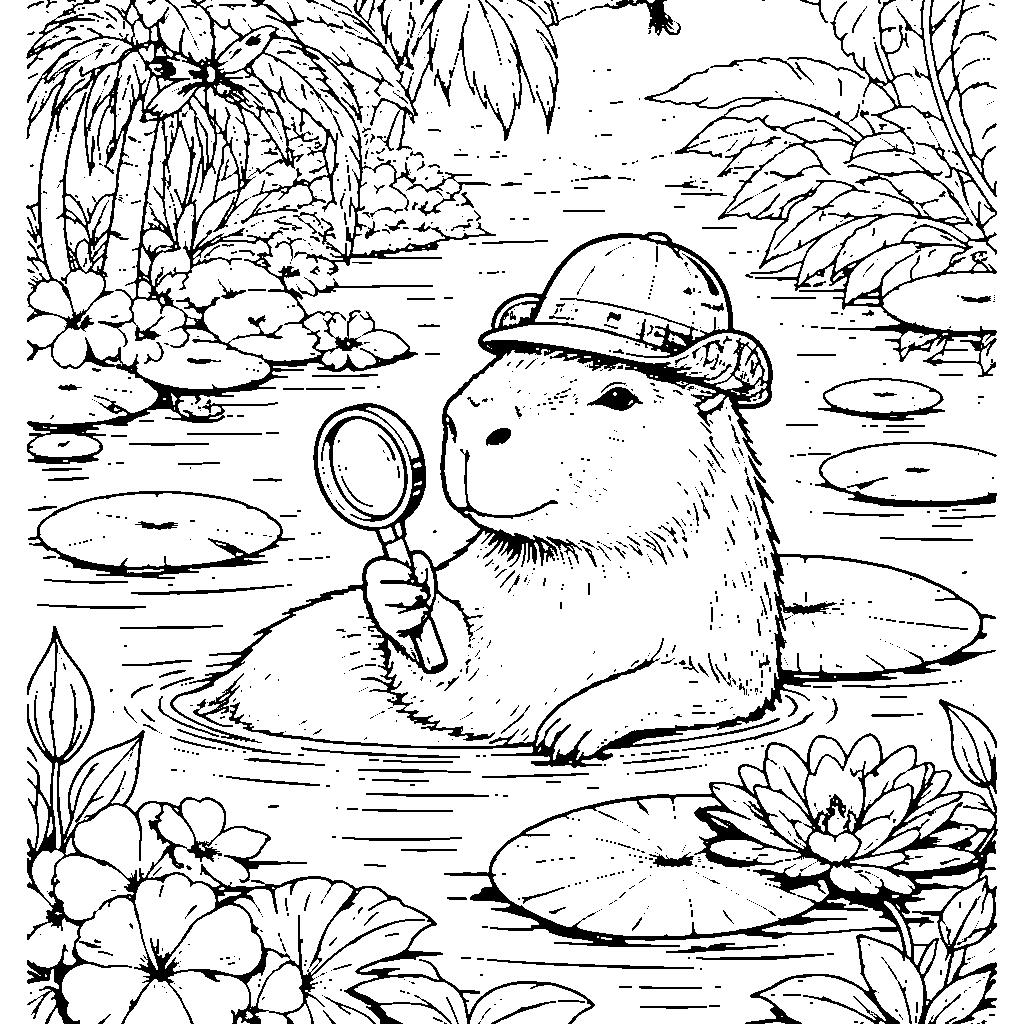 Coloriage de Capybara au Bord d'un Étang Tropical