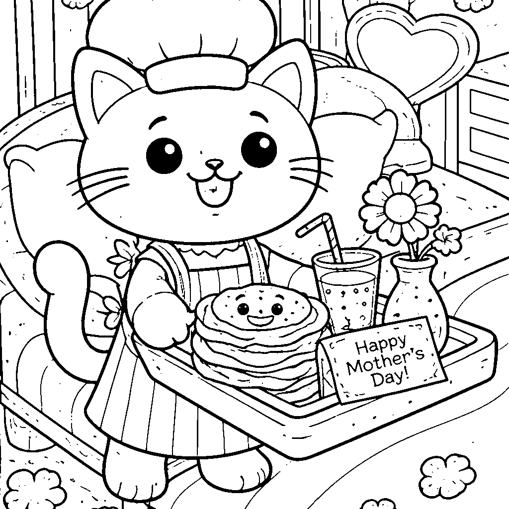 Coloriage d'un chat préparant le petit-déjeuner au lit – coloriage à imprimer
