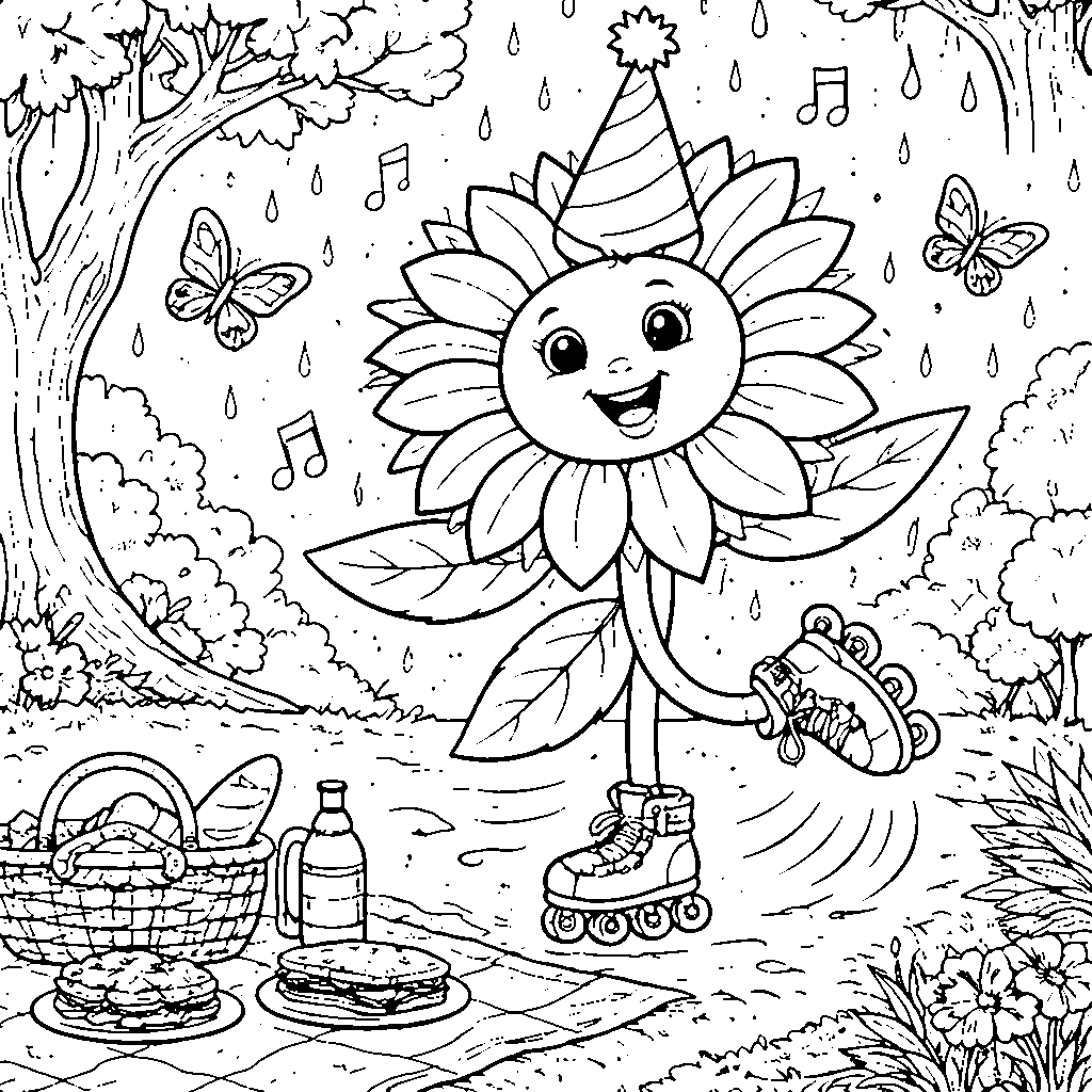 Page de coloriage d'un tournesol dansant